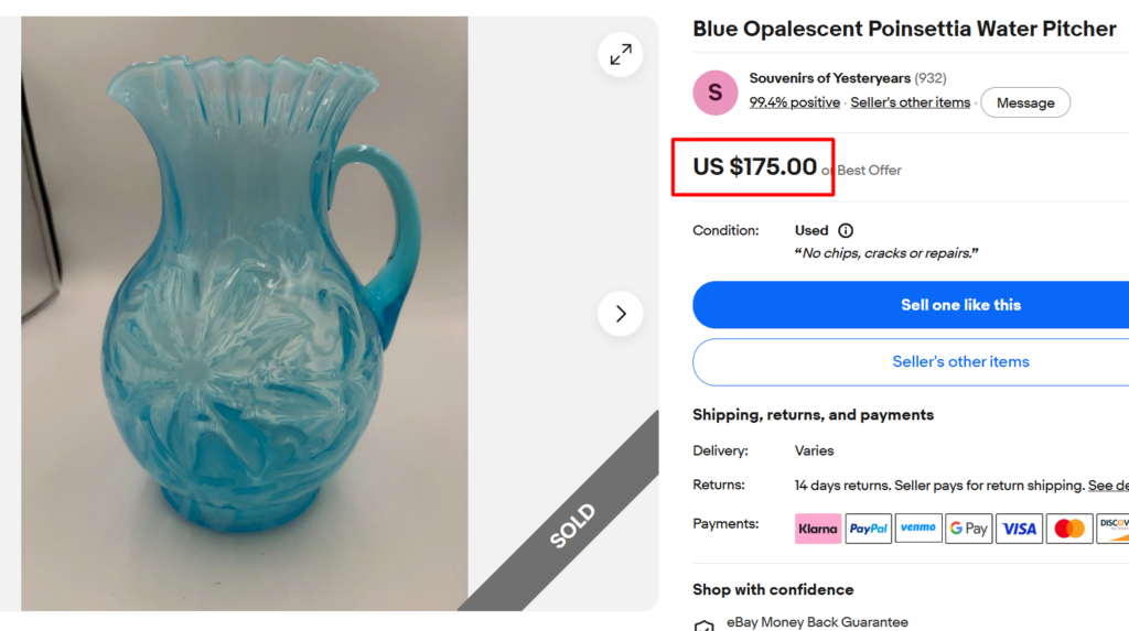 Poinsettia Blue Opalescent Water Pitcher