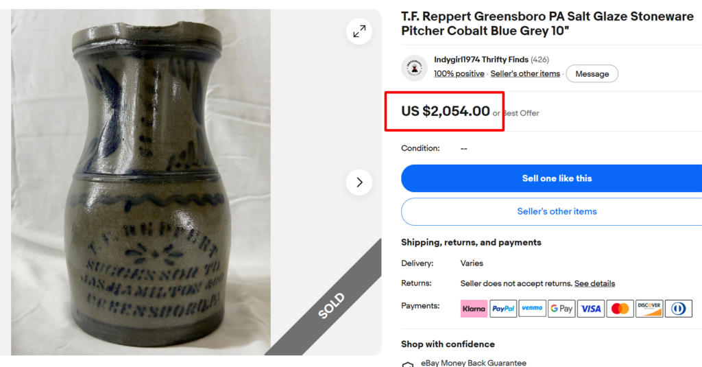 T.F. Reppert Greensboro Salt Glaze Cobalt Blue Gray Crock