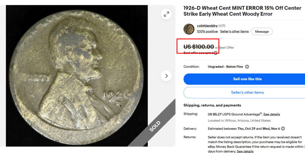 1926 D 15% Off-center Penny