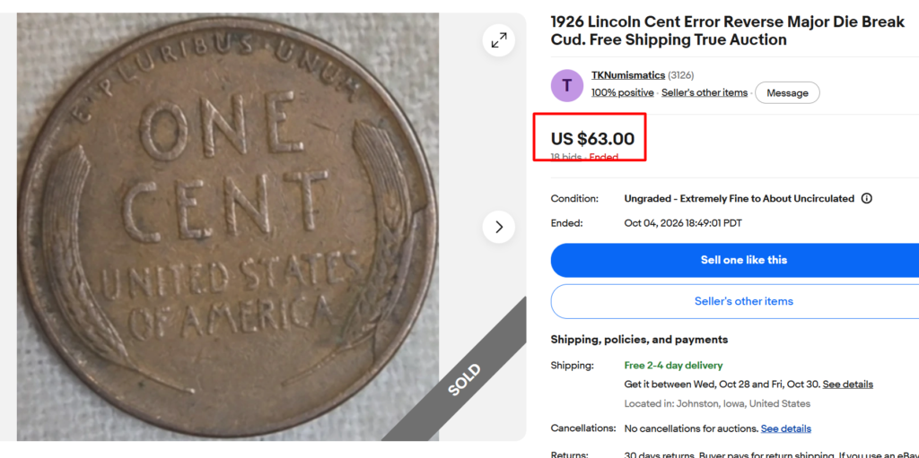 1926 Lincoln Penny Die Cud Break Error
